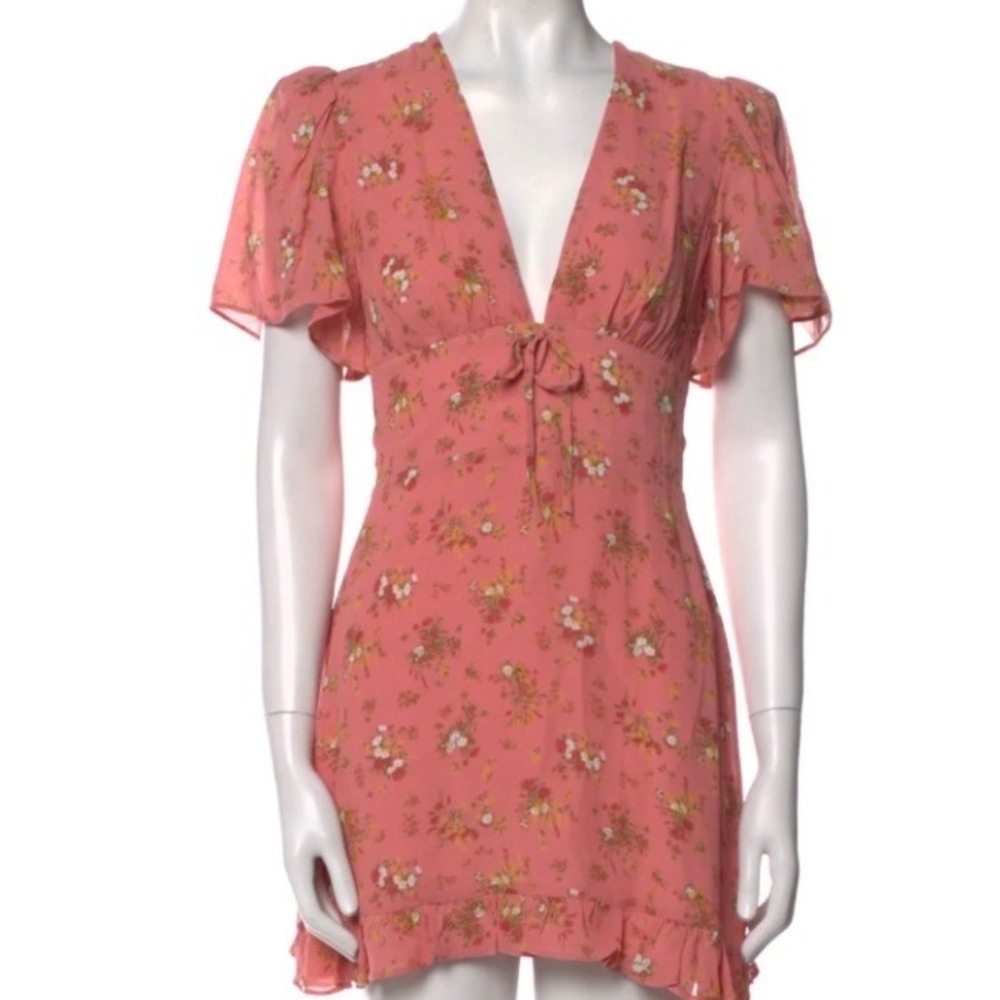 Reformation Mya Pink Floral V-Neck Flutter Sleeve Ruffle Mini Dress Size 10